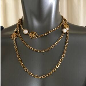 54" Gold Tone Necklace Filigree Discs, White Beveled Jewels 1, 2 or 3 Strands